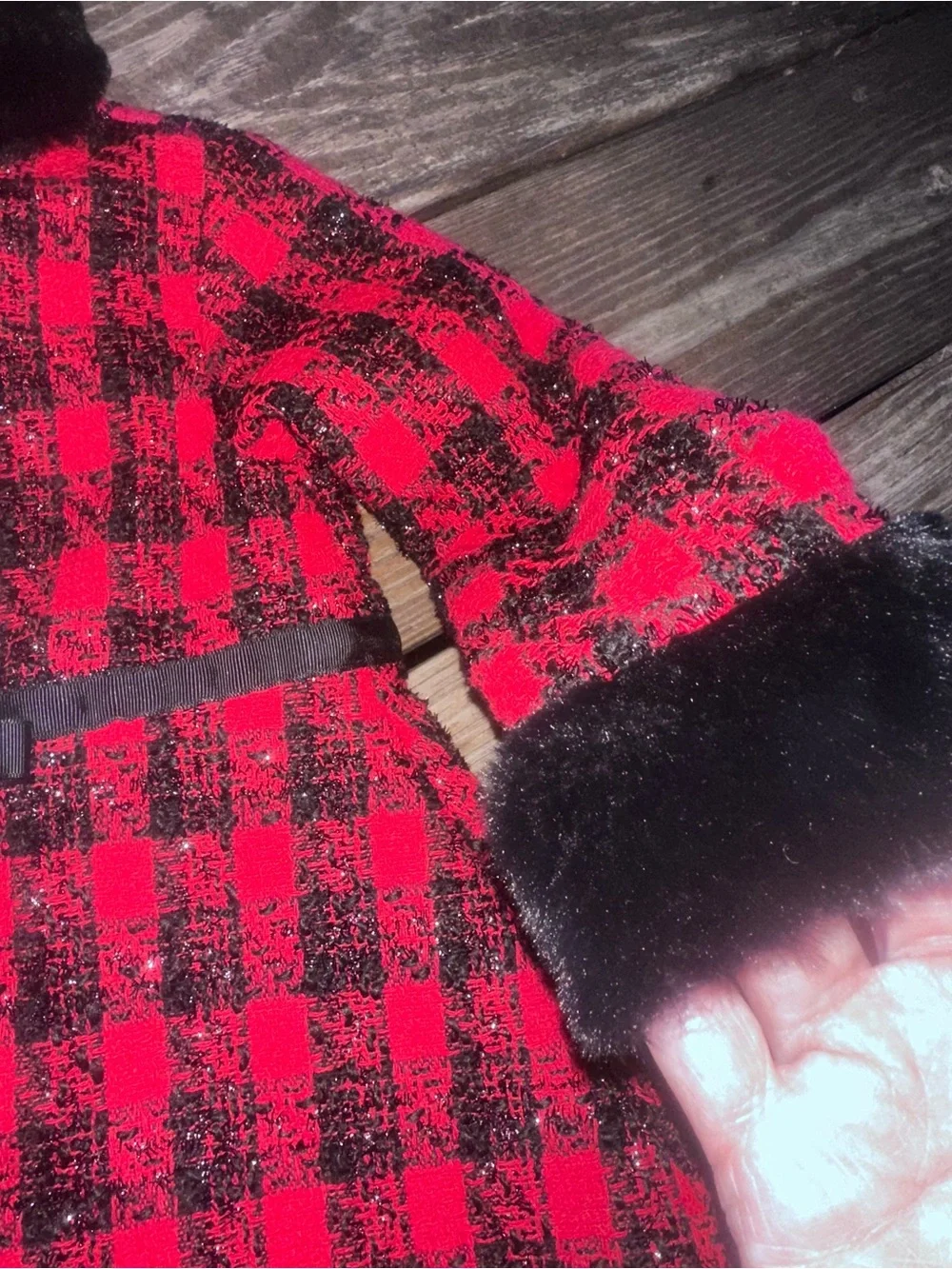 Blueberi Boulevard Black Faux Fur Collar Coat and dress with Red Lining